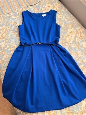 Calvin Klein Royal Blue Sleeveless Midi Dress with Slim Black Belt